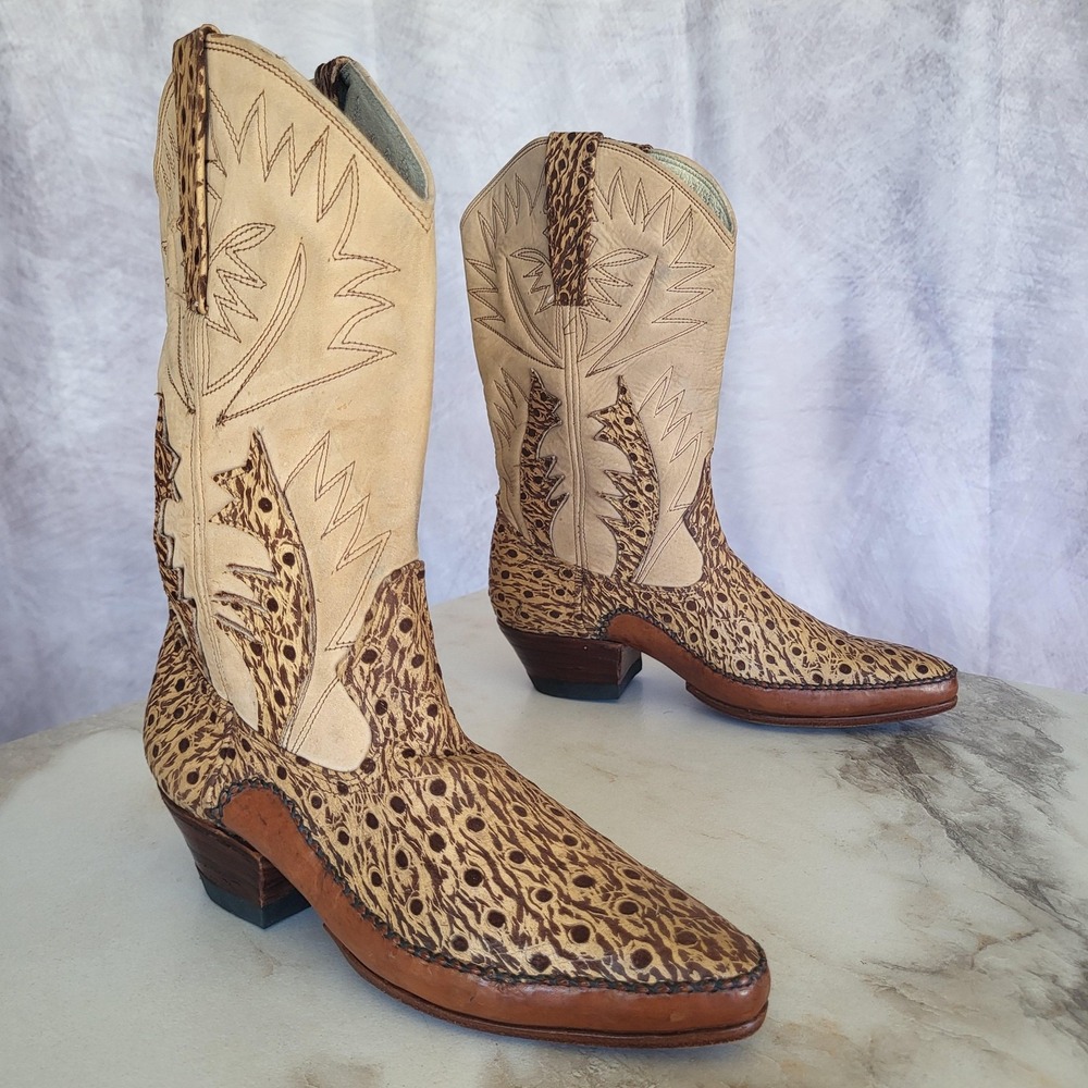 Western Cowboy Boots Womens Size 5.5 Brown Leather Ostrich Pattern Pointed Toe